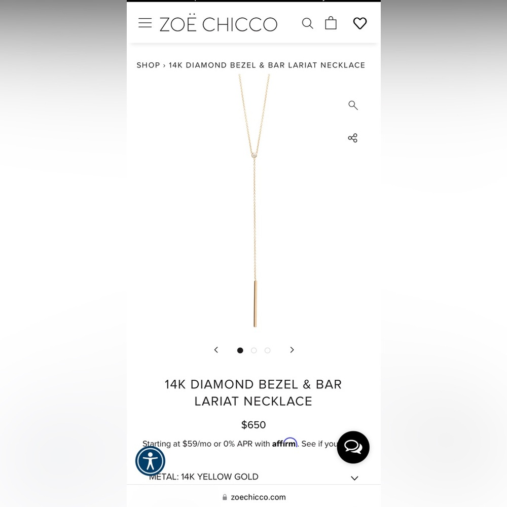 Zoe Chicco Gold and diamond lariat drop bar necklace